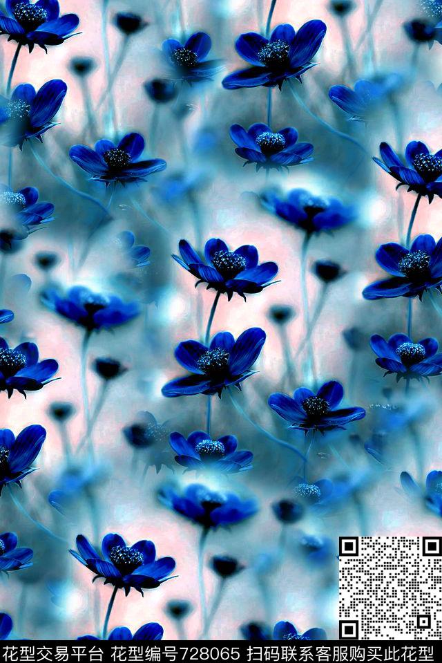 抽象手绘水彩画花卉数码印花时尚潮流女装裙子油画印花朦胧渐变纹理花朵印花数码印花华亿平台下载（图片编号: 728065） - 瓦栏（Walan）