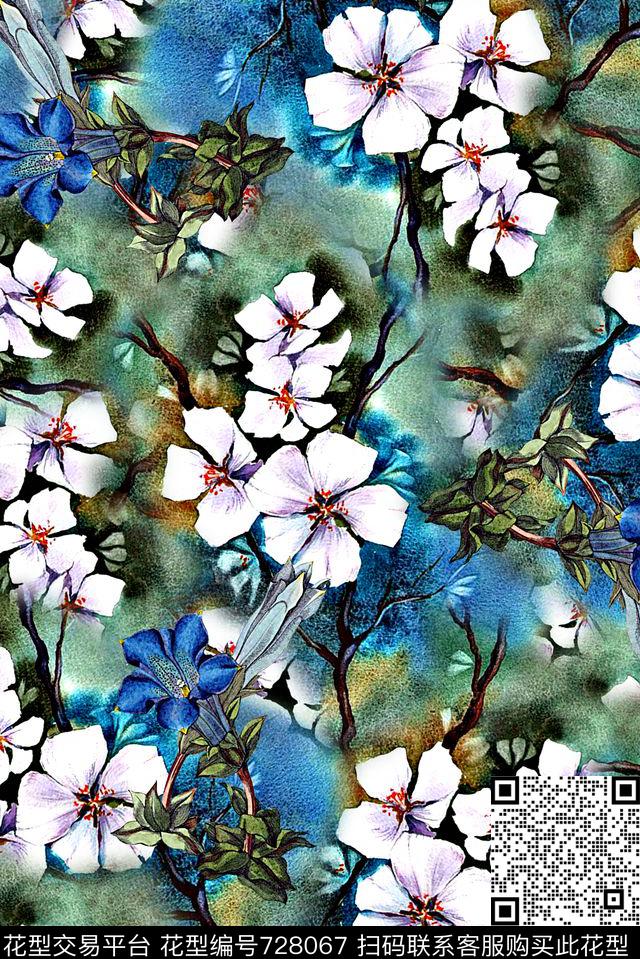 抽象手绘水彩画植物花卉数码印花时尚潮流女装裙子满版花朵印花欧美复古纹理肌理纹彩绘印花数码印花华亿平台下载（图片编号: 728067） - 瓦栏（Walan）