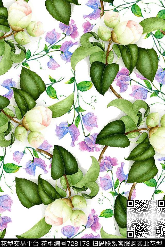 花卉绿叶春夏数码印花华亿平台下载（图片编号: 728173） - 瓦栏（Walan）