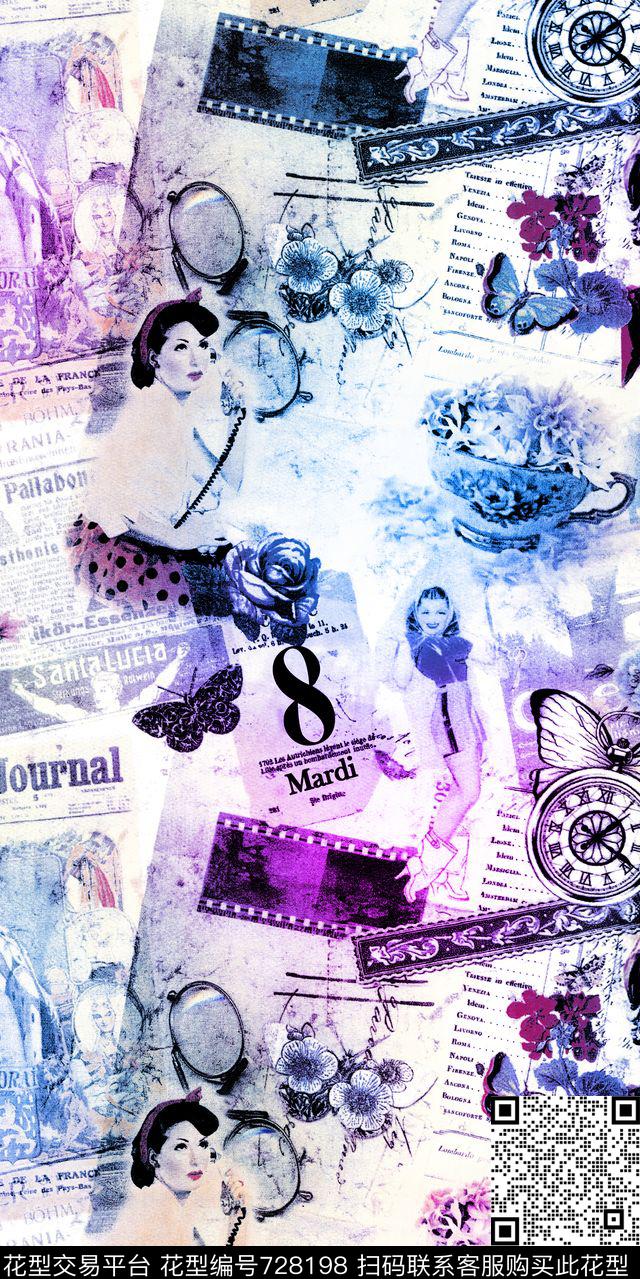 人物报纸蝴蝶数码印花华亿平台下载（图片编号: 728198） - 瓦栏（Walan）