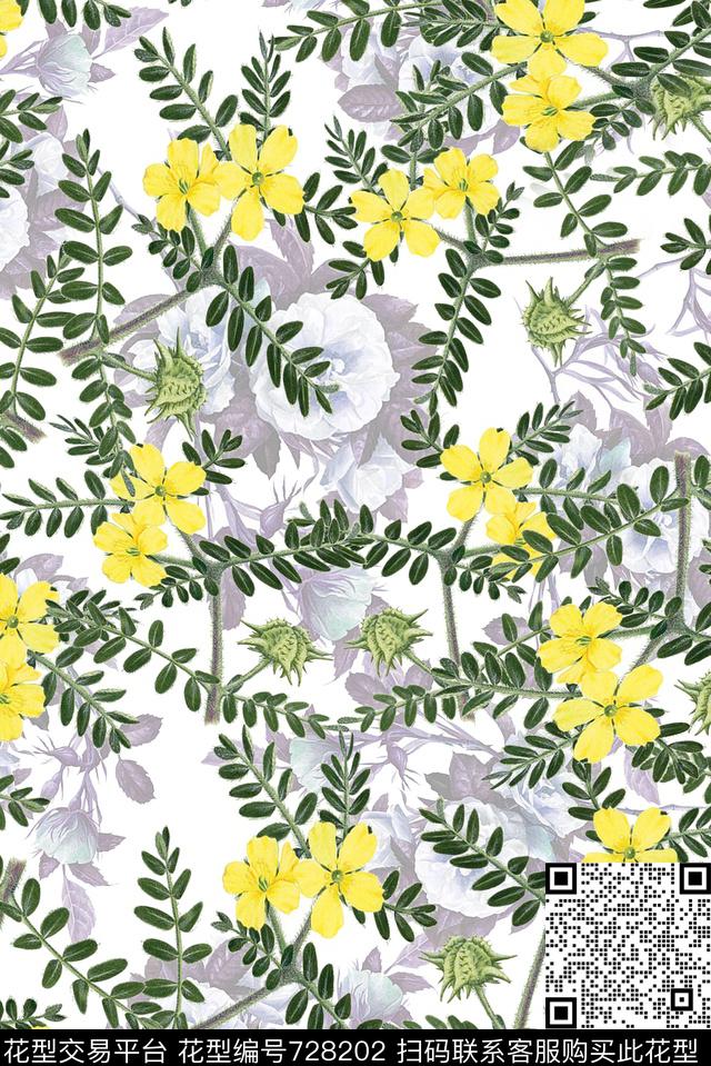 绿叶春夏花卉数码印花华亿平台下载（图片编号: 728202） - 瓦栏（Walan）