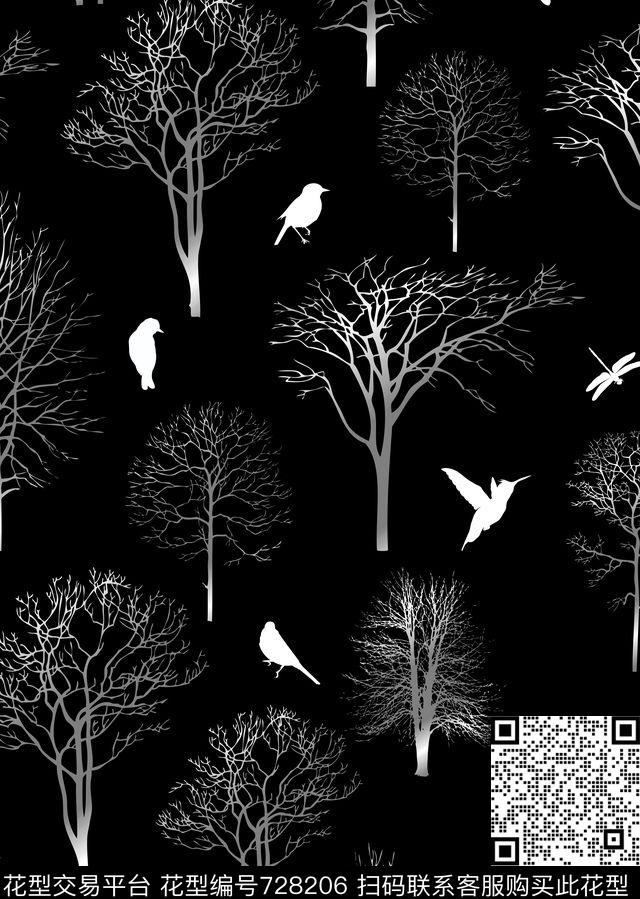 黑白剪影小鸟数码印花华亿平台下载（图片编号: 728206） - 瓦栏（Walan）