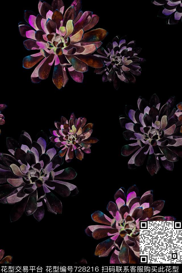花卉多肉植物黑底数码印花华亿平台下载（图片编号: 728216） - 瓦栏（Walan）