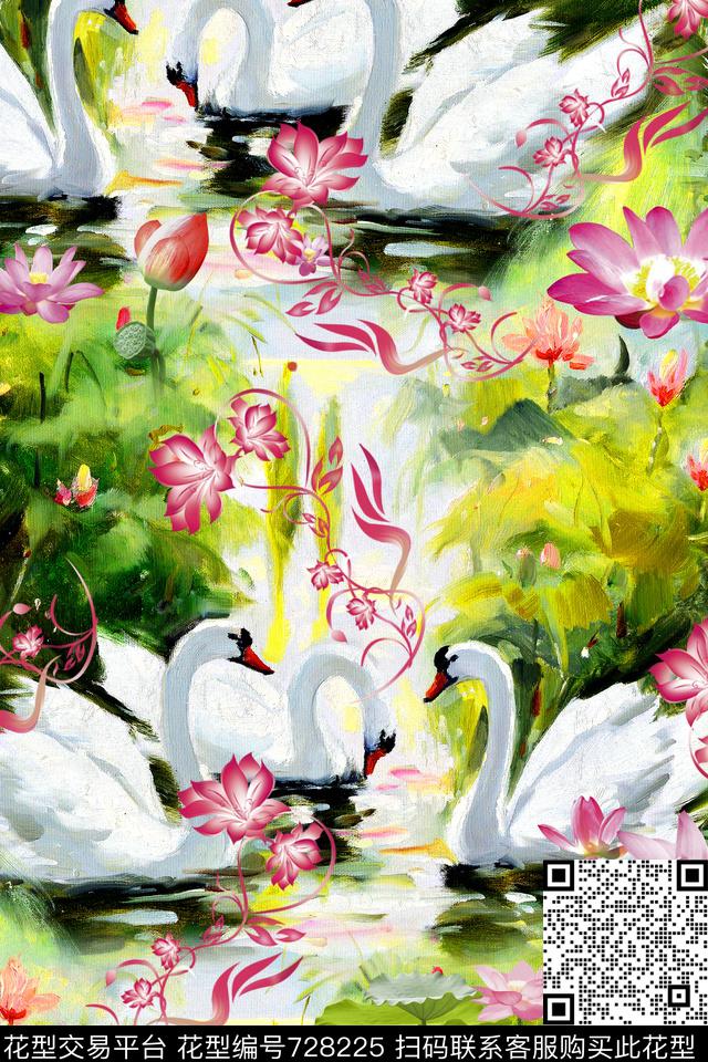 油画荷花白天鹅数码印花华亿平台下载（图片编号: 728225） - 瓦栏（Walan）