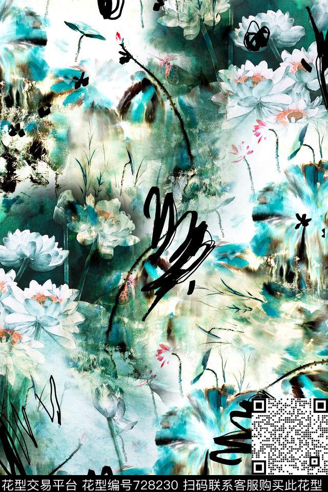 中国风荷花抽象写意数码印花华亿平台下载（图片编号: 728230） - 瓦栏（Walan）