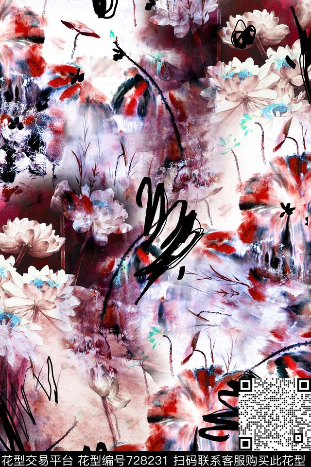 中国风荷花抽象写意数码印花华亿平台下载（图片编号: 728231） - 瓦栏（Walan）