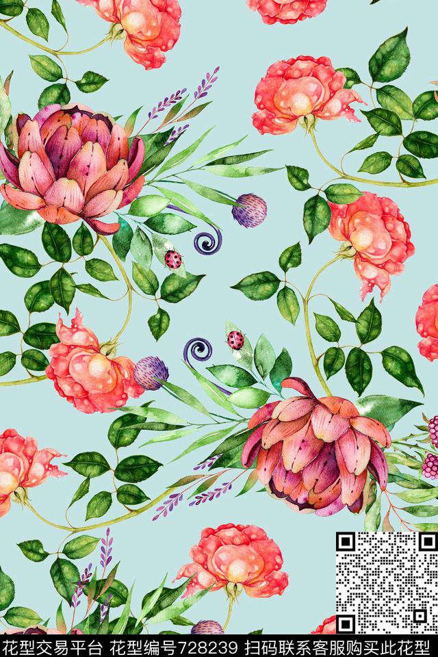 花卉大花乱花数码印花华亿平台下载（图片编号: 728239） - 瓦栏（Walan）