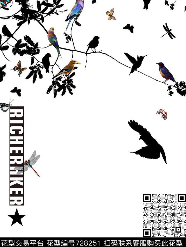 黑白剪影小鸟数码印花华亿平台下载（图片编号: 728251） - 瓦栏（Walan）