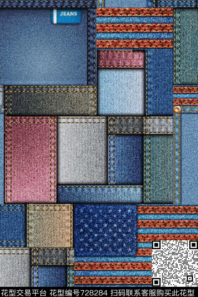 几何拼接牛仔布数码印花华亿平台下载（图片编号: 728284） - 瓦栏（Walan）