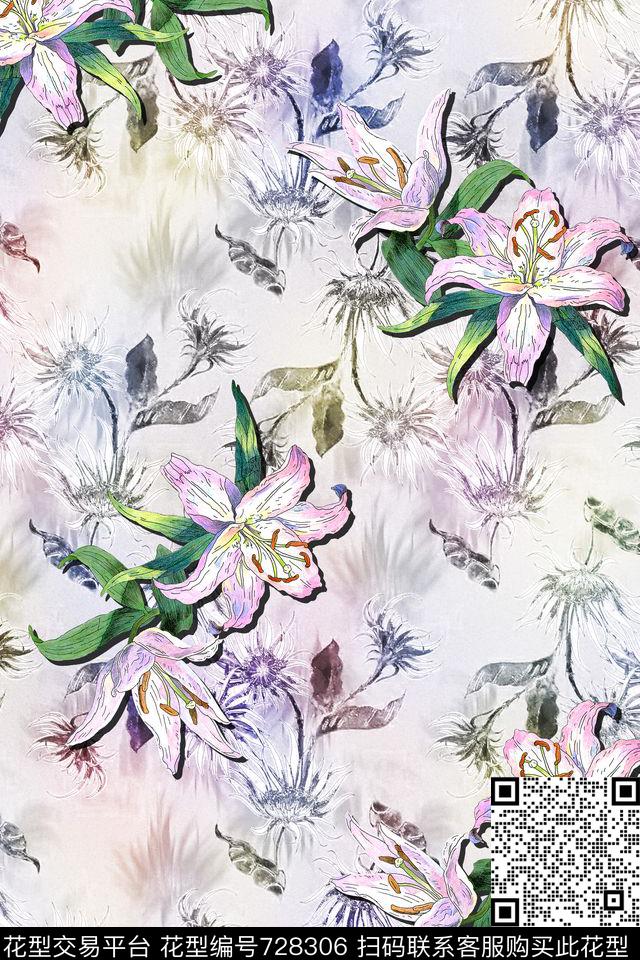 流行时尚百合花卉数码印花华亿平台下载（图片编号: 728306） - 瓦栏（Walan）