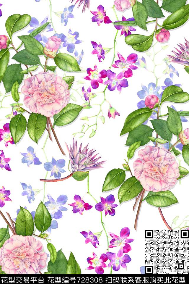 流行时尚大花花卉数码印花华亿平台下载（图片编号: 728308） - 瓦栏（Walan）