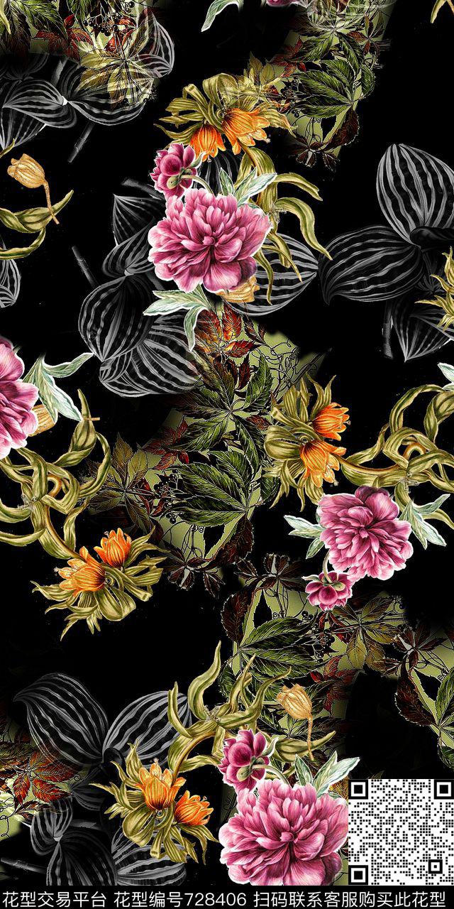 花卉手绘叶子数码印花华亿平台下载（图片编号: 728406） - 瓦栏（Walan）