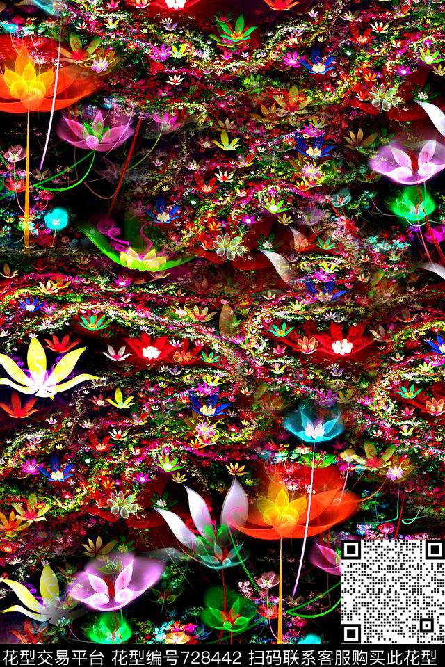 抽象手绘水彩画3D分形艺术花卉数码印花时尚潮流女装裙子荷花印花雪纺真丝棉布料印花数码印花华亿平台下载（图片编号: 728442） - 瓦栏（Walan）