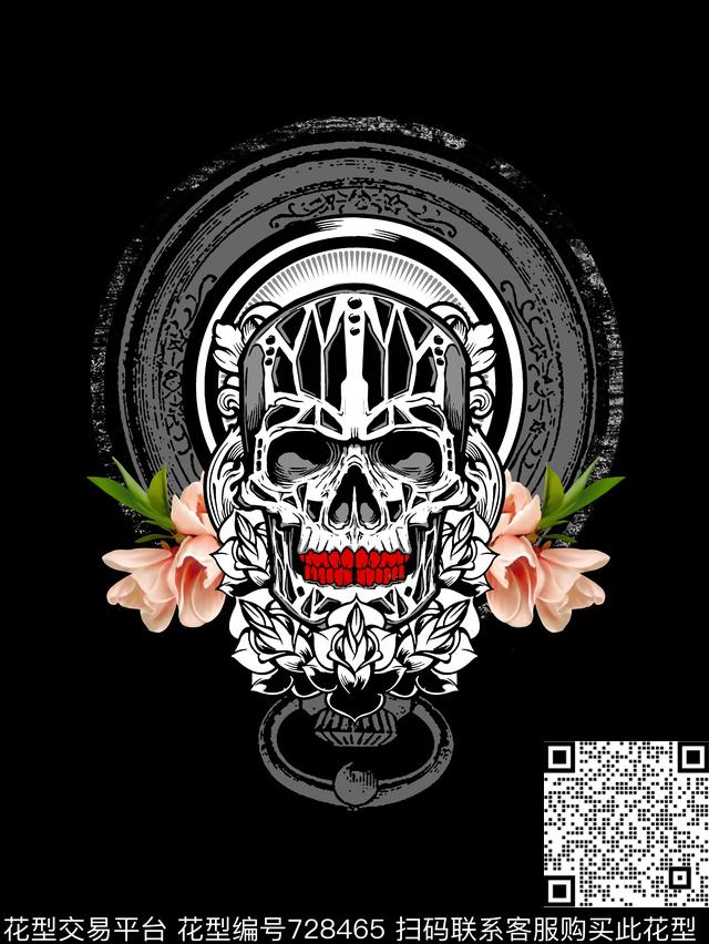 骷髅头花卉男装T恤华亿平台数码印花华亿平台下载（图片编号: 728465） - 瓦栏（Walan）