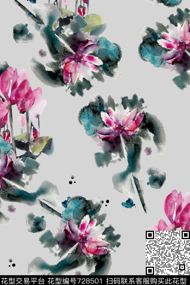 水墨荷花叶子数码印花华亿平台下载（图片编号: 728501） - 瓦栏（Walan）