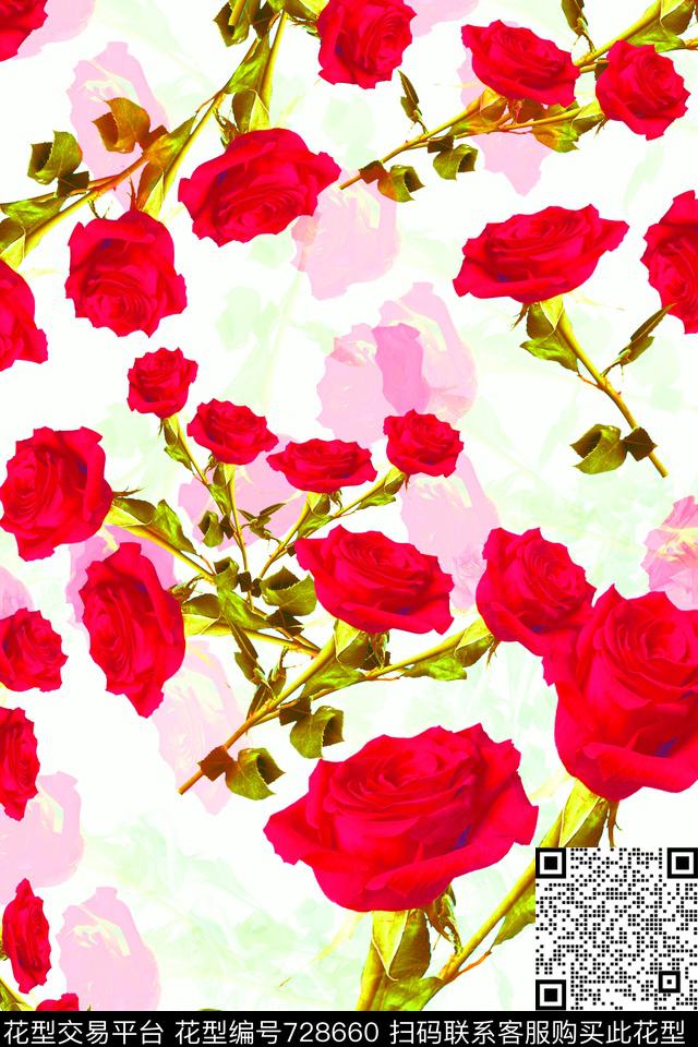 血红花卉透明花数码印花华亿平台下载（图片编号: 728660） - 瓦栏（Walan）