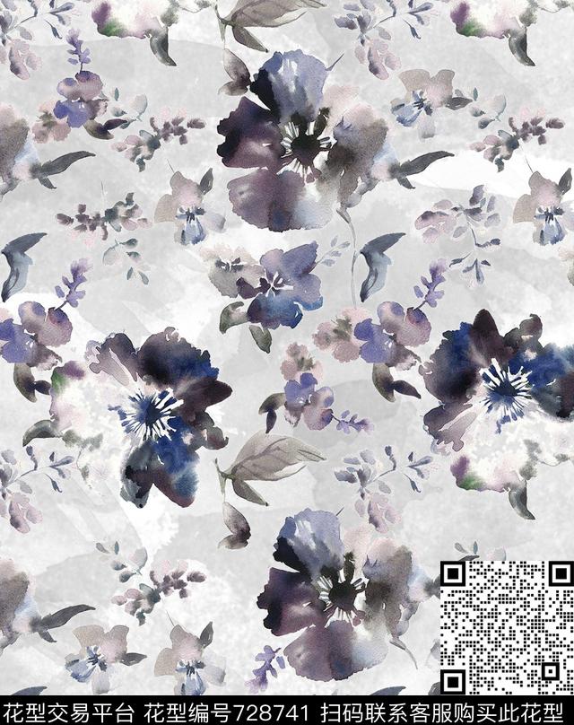 花卉水墨淡雅数码印花华亿平台下载（图片编号: 728741） - 瓦栏（Walan）