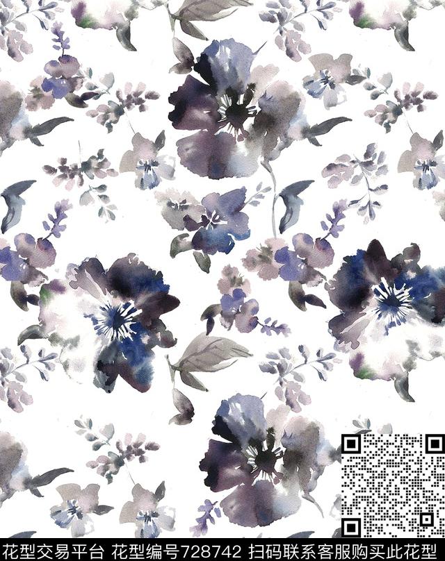 花卉水墨淡雅数码印花华亿平台下载（图片编号: 728742） - 瓦栏（Walan）