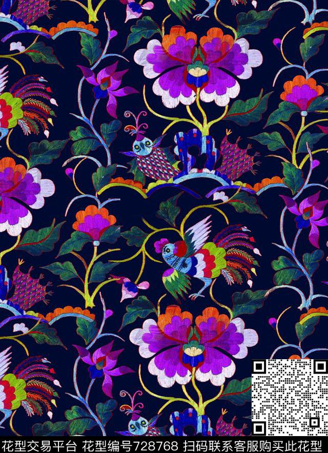 绣花传统纹样鸟数码印花华亿平台下载（图片编号: 728768） - 瓦栏（Walan）