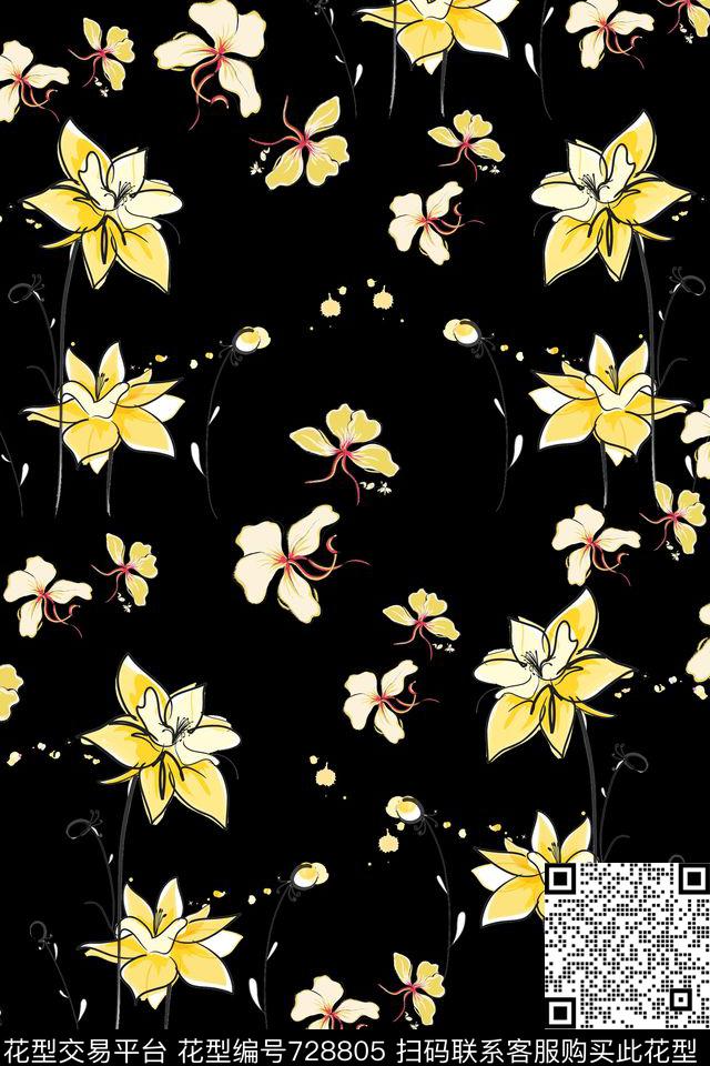 小碎花花瓣大花传统印花华亿平台下载（图片编号: 728805） - 瓦栏（Walan）