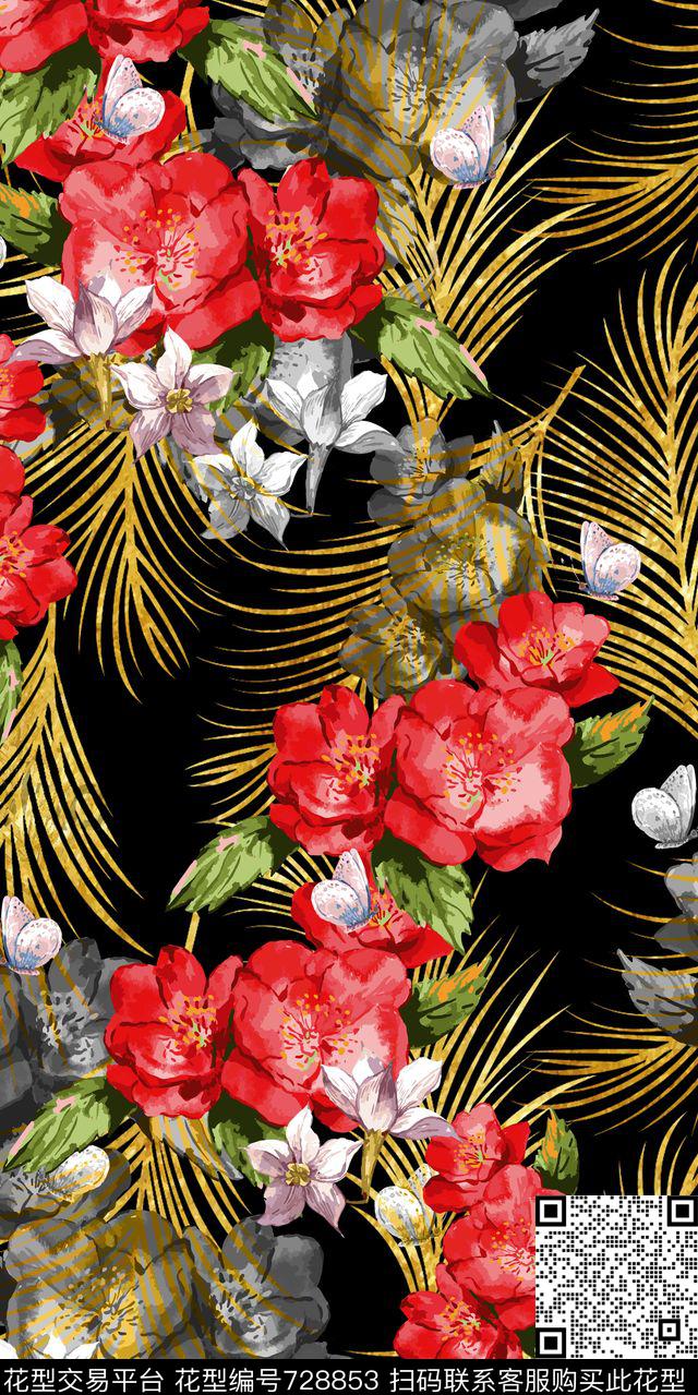 花卉叶子树叶数码印花华亿平台下载（图片编号: 728853） - 瓦栏（Walan）