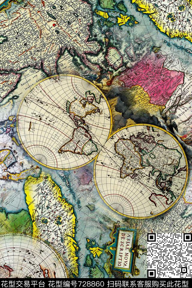 休闲风地图纹理数码印花华亿平台下载（图片编号: 728860） - 瓦栏（Walan）
