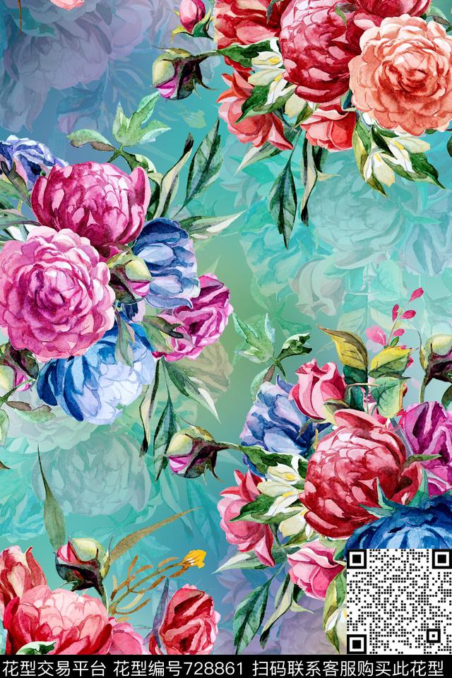 时尚手绘水彩数码印花华亿平台下载（图片编号: 728861） - 瓦栏（Walan）