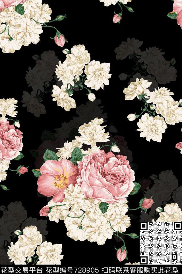 大花花卉玫瑰数码印花华亿平台下载（图片编号: 728905） - 瓦栏（Walan）