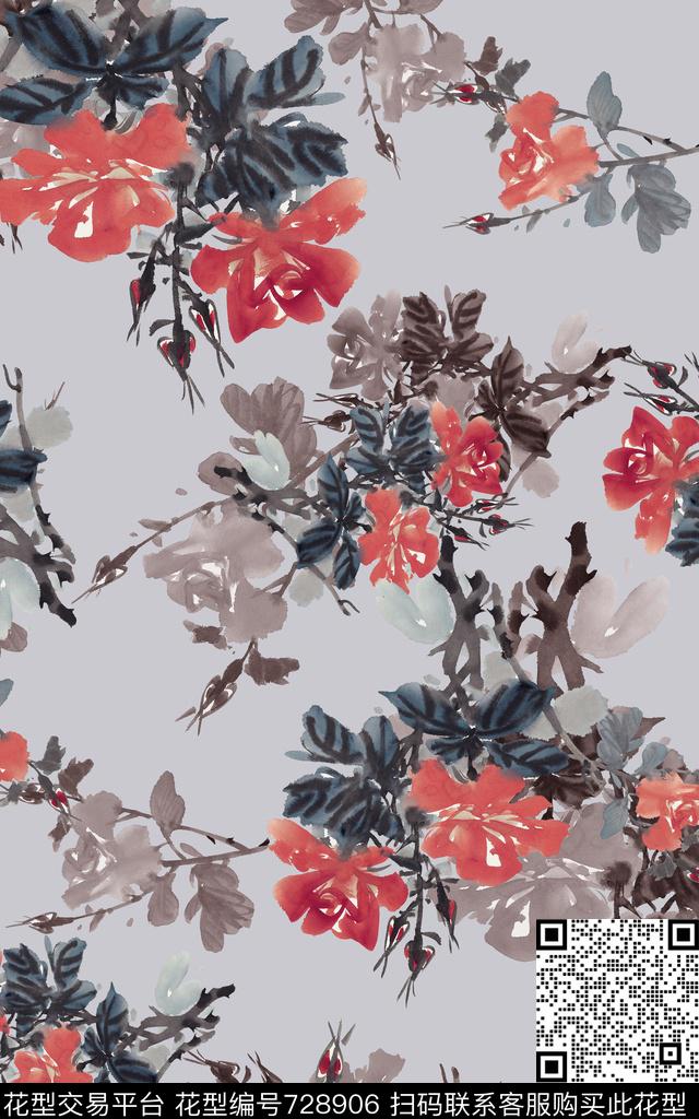 国画中国风花卉花朵数码印花华亿平台下载（图片编号: 728906） - 瓦栏（Walan）