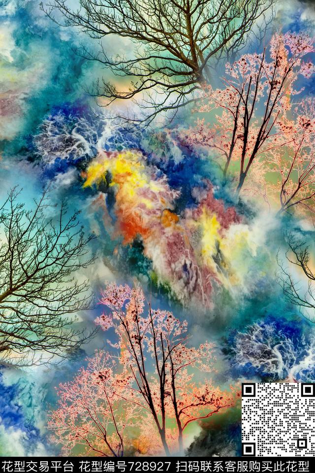水彩肌理树数码印花华亿平台下载（图片编号: 728927） - 瓦栏（Walan）