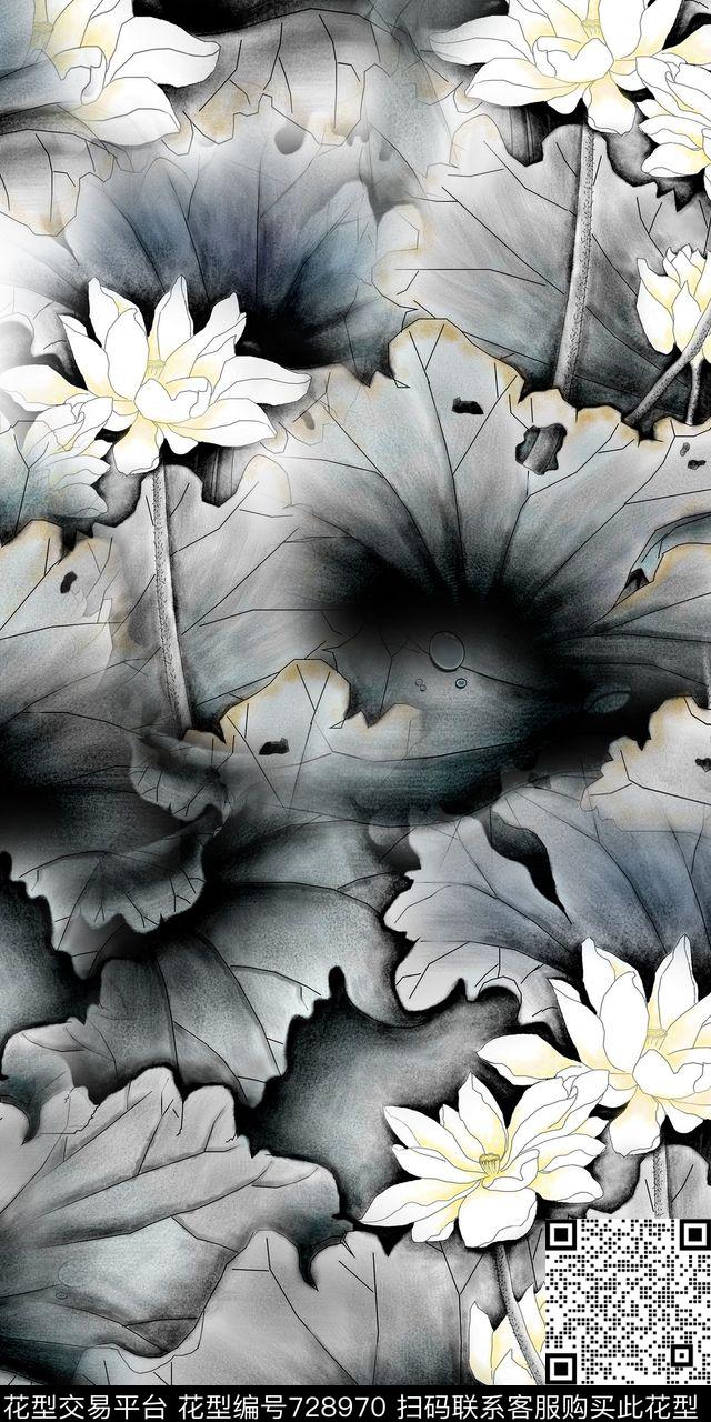 荷花花朵花卉数码印花华亿平台下载（图片编号: 728970） - 瓦栏（Walan）