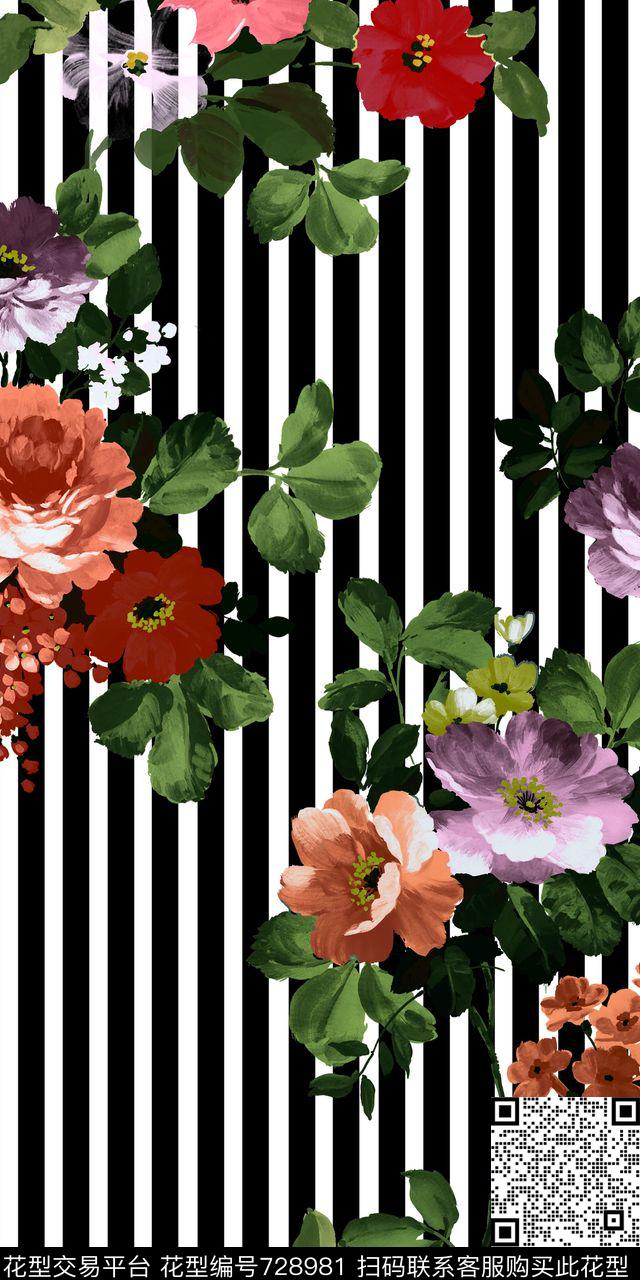 竖条花卉花朵数码印花华亿平台下载（图片编号: 728981） - 瓦栏（Walan）