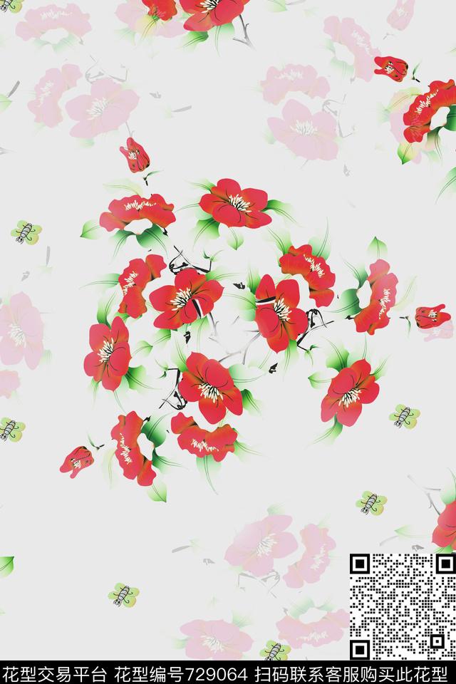 血红花卉透明花数码印花华亿平台下载（图片编号: 729064） - 瓦栏（Walan）
