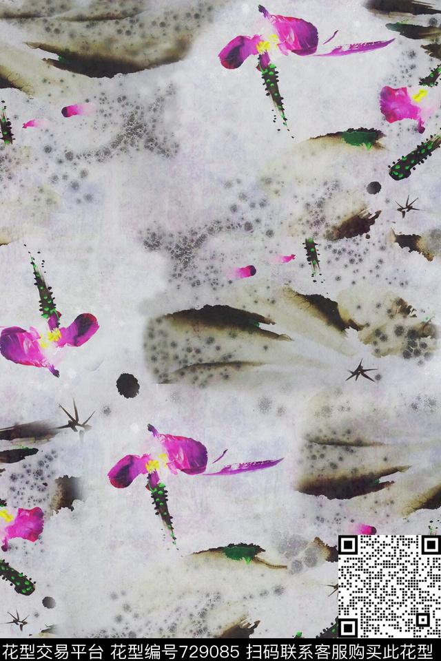 水墨花朵手绘数码印花华亿平台下载（图片编号: 729085） - 瓦栏（Walan）
