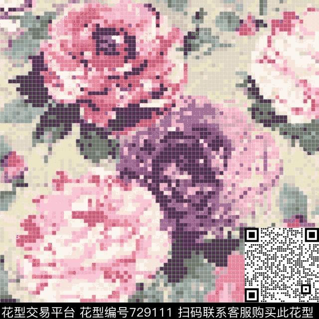 马赛克大花定位花数码印花华亿平台下载（图片编号: 729111） - 瓦栏（Walan）