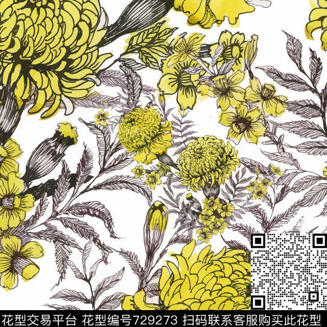 水墨花卉传统印花华亿平台下载（图片编号: 729273） - 瓦栏（Walan）