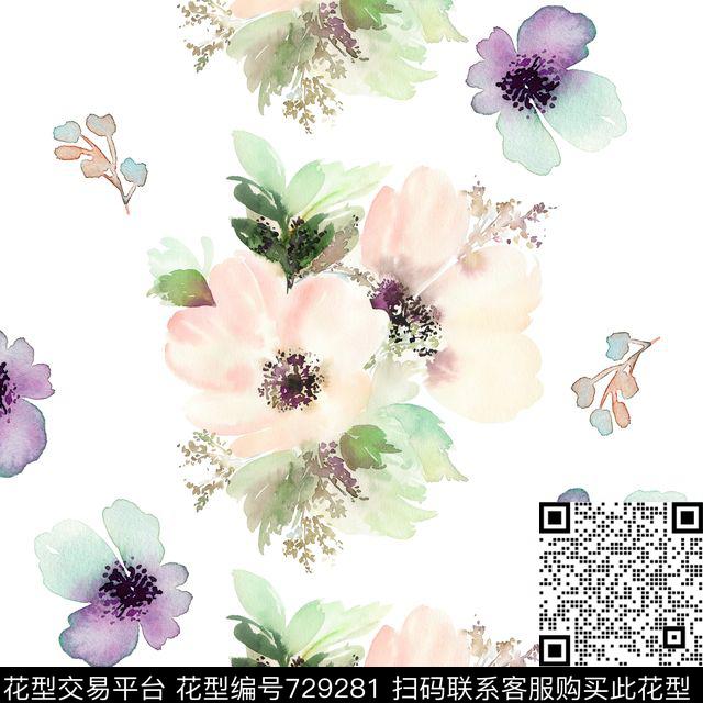 花朵水墨晕染数码印花华亿平台下载（图片编号: 729281） - 瓦栏（Walan）