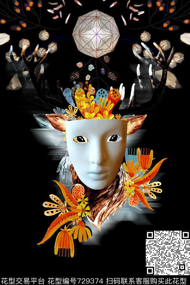 抽象动物面具数码印花华亿平台下载（图片编号: 729374） - 瓦栏（Walan）