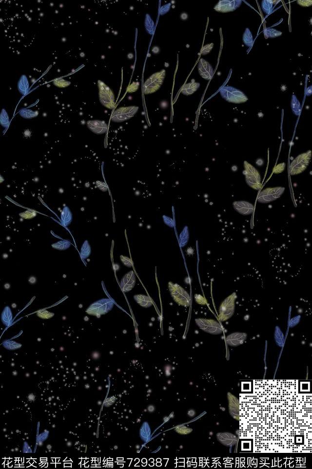 花卉叶子星星数码印花华亿平台下载（图片编号: 729387） - 瓦栏（Walan）
