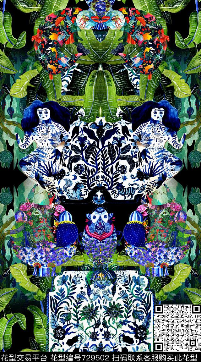 棕榈叶插画鱼数码印花华亿平台下载（图片编号: 729502） - 瓦栏（Walan）