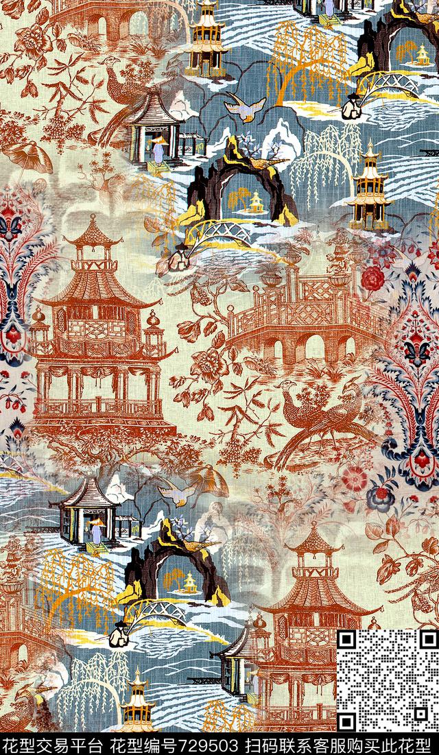 中国风建筑枝叶数码印花华亿平台下载（图片编号: 729503） - 瓦栏（Walan）