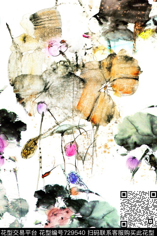 中国风水墨水彩数码印花华亿平台下载（图片编号: 729540） - 瓦栏（Walan）