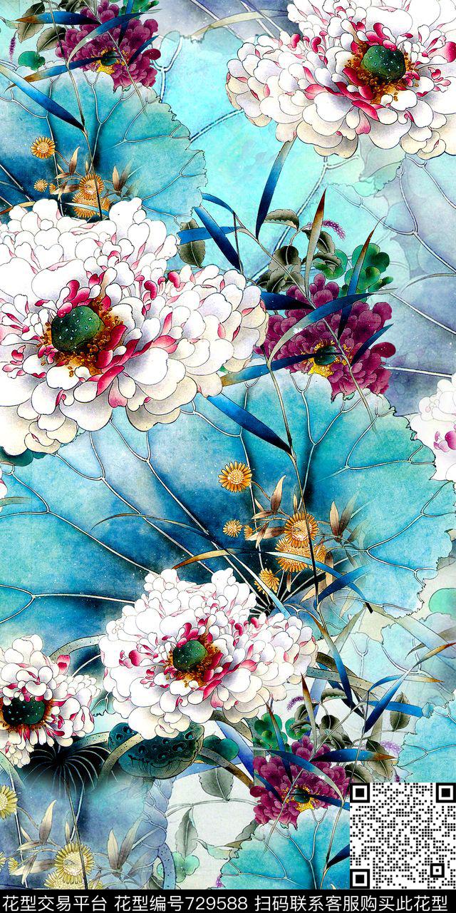 中国风荷花花朵数码印花华亿平台下载（图片编号: 729588） - 瓦栏（Walan）
