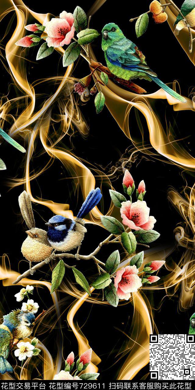 绣花天堂鸟花花朵数码印花华亿平台下载（图片编号: 729611） - 瓦栏（Walan）