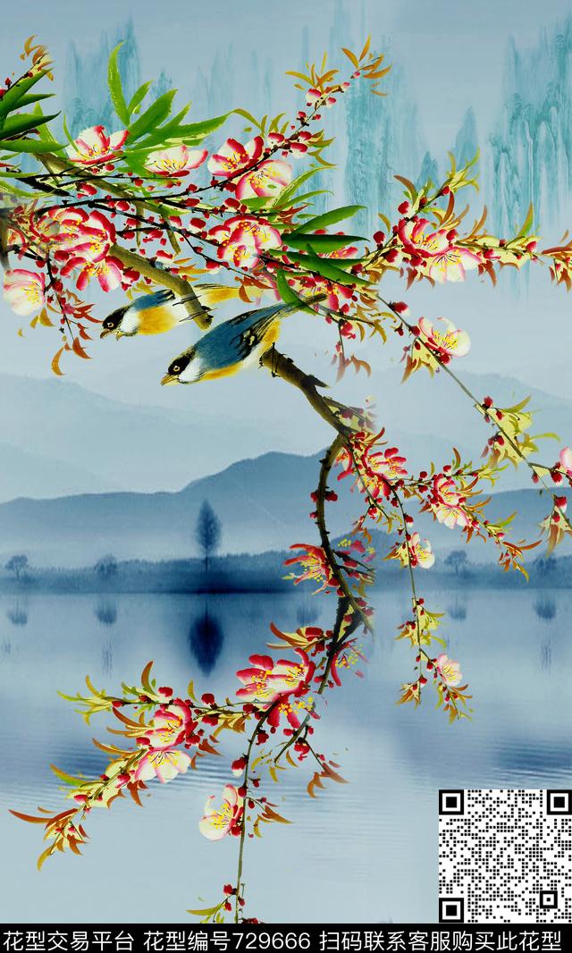 水墨画桃花抽象鸟数码印花华亿平台下载（图片编号: 729666） - 瓦栏（Walan）