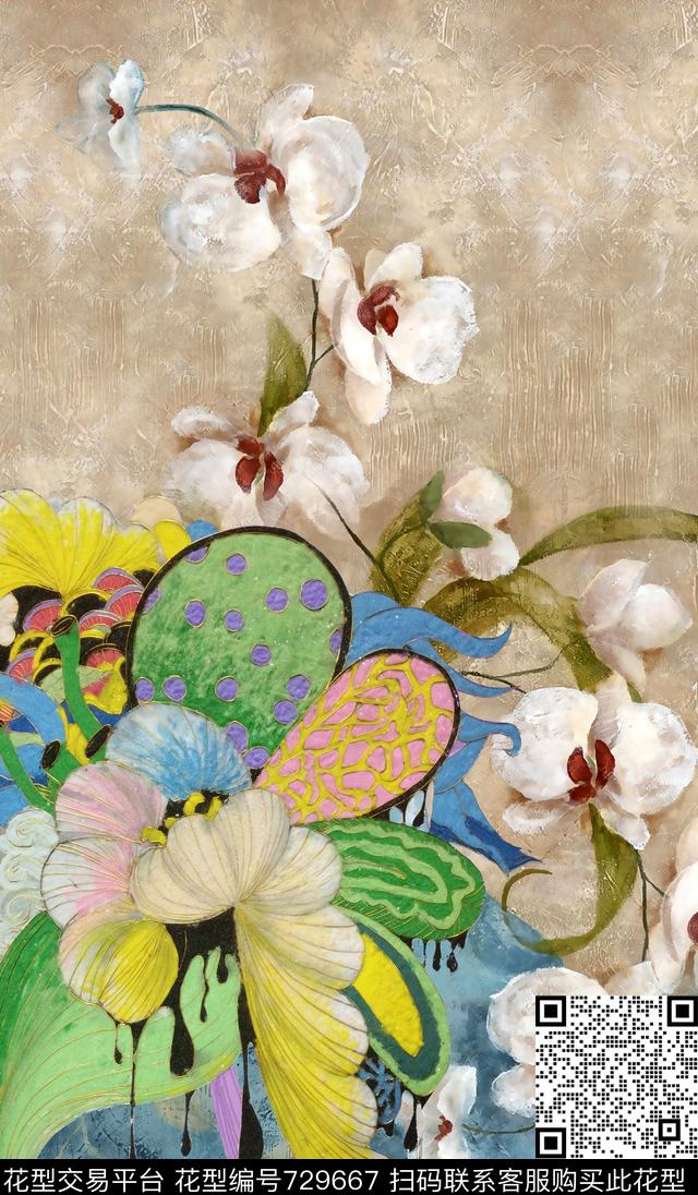 仙人掌抽象花卉蝴蝶兰数码印花华亿平台下载（图片编号: 729667） - 瓦栏（Walan）