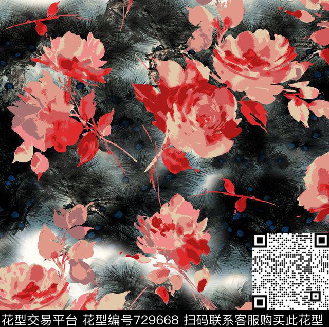 国画松树花卉数码印花华亿平台下载（图片编号: 729668） - 瓦栏（Walan）