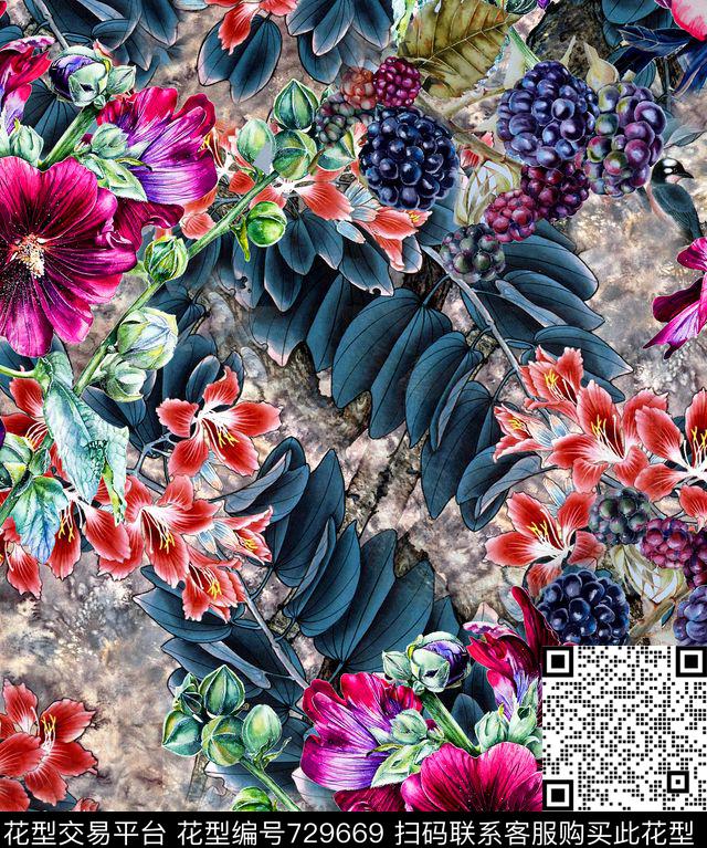 花卉水墨画中国风数码印花华亿平台下载（图片编号: 729669） - 瓦栏（Walan）