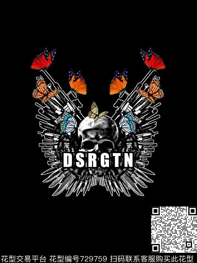 骷髅头蝴蝶男装T恤华亿平台数码印花华亿平台下载（图片编号: 729759） - 瓦栏（Walan）