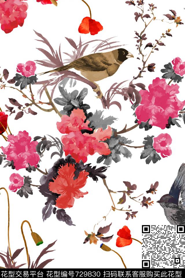 花朵花鸟花卉数码印花华亿平台下载（图片编号: 729830） - 瓦栏（Walan）